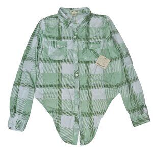 NWT Passport Womens Green Plaid Button Up Shirt Size M Front Tie Roll Tab Sleeve